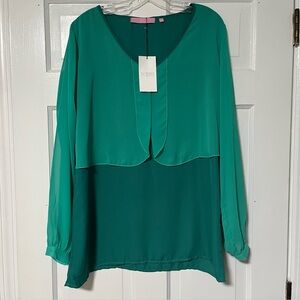 EX BOHO sheer Two-tone Teal green long-sleeved Layered V-neckline Blouse